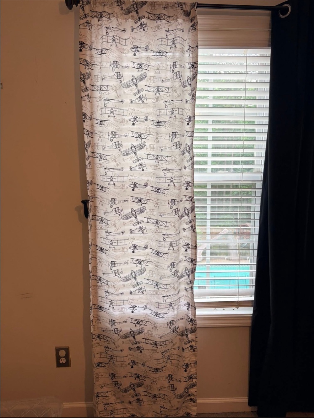 Lightweight White and Black Airplane Print Curtain Panel - Unbranded